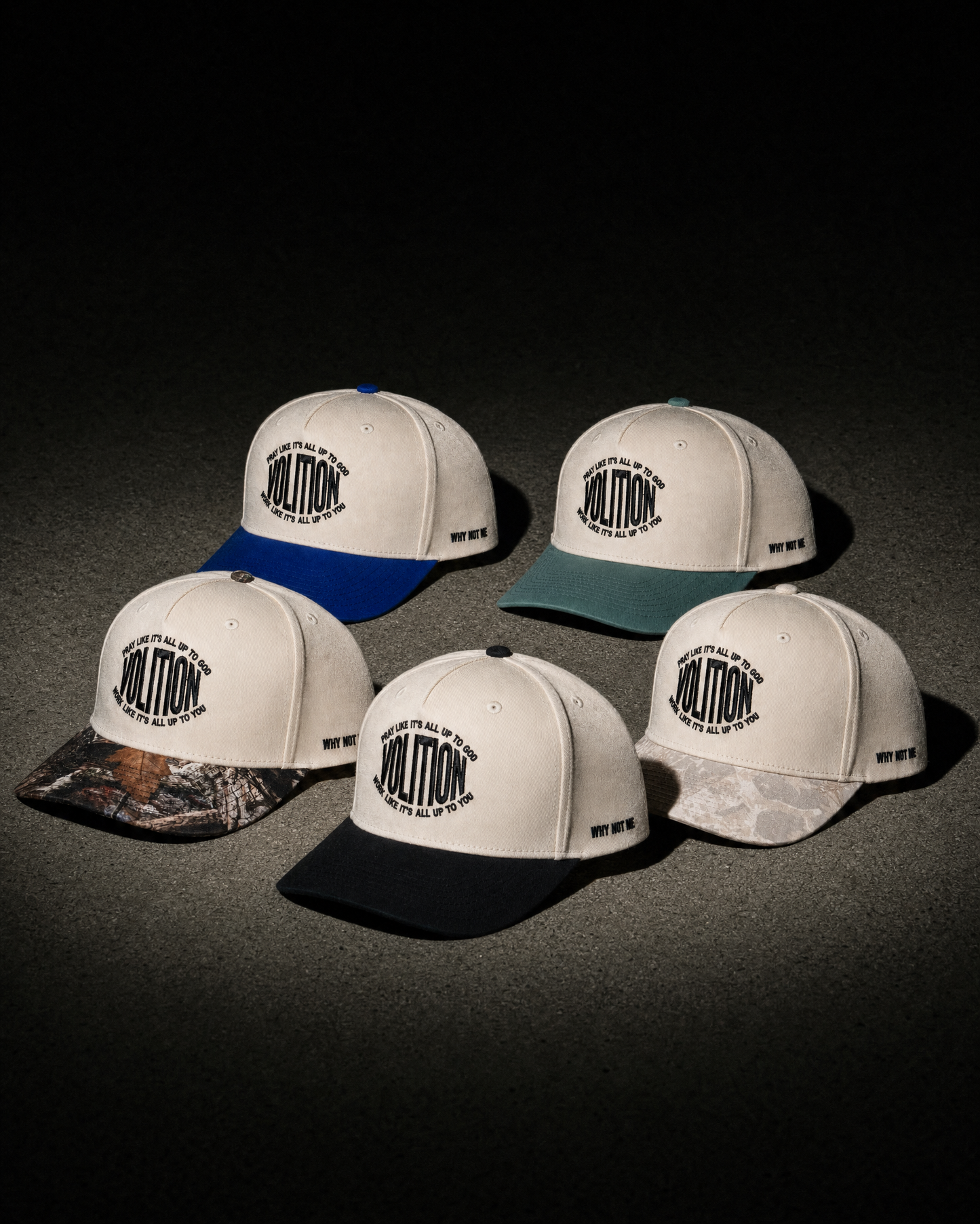 All five Volition trucker hat colorways together