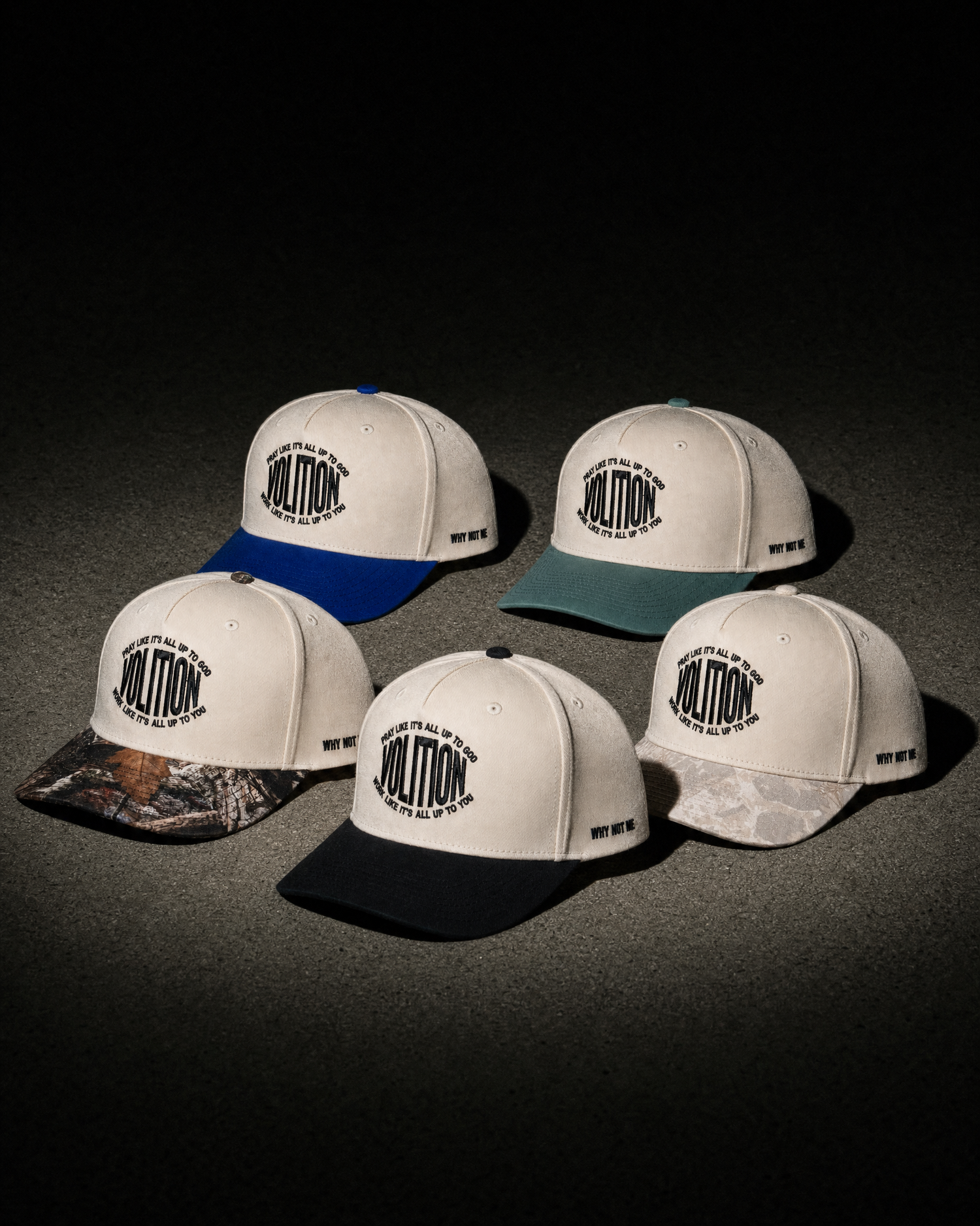 All five Volition trucker hat colorways together