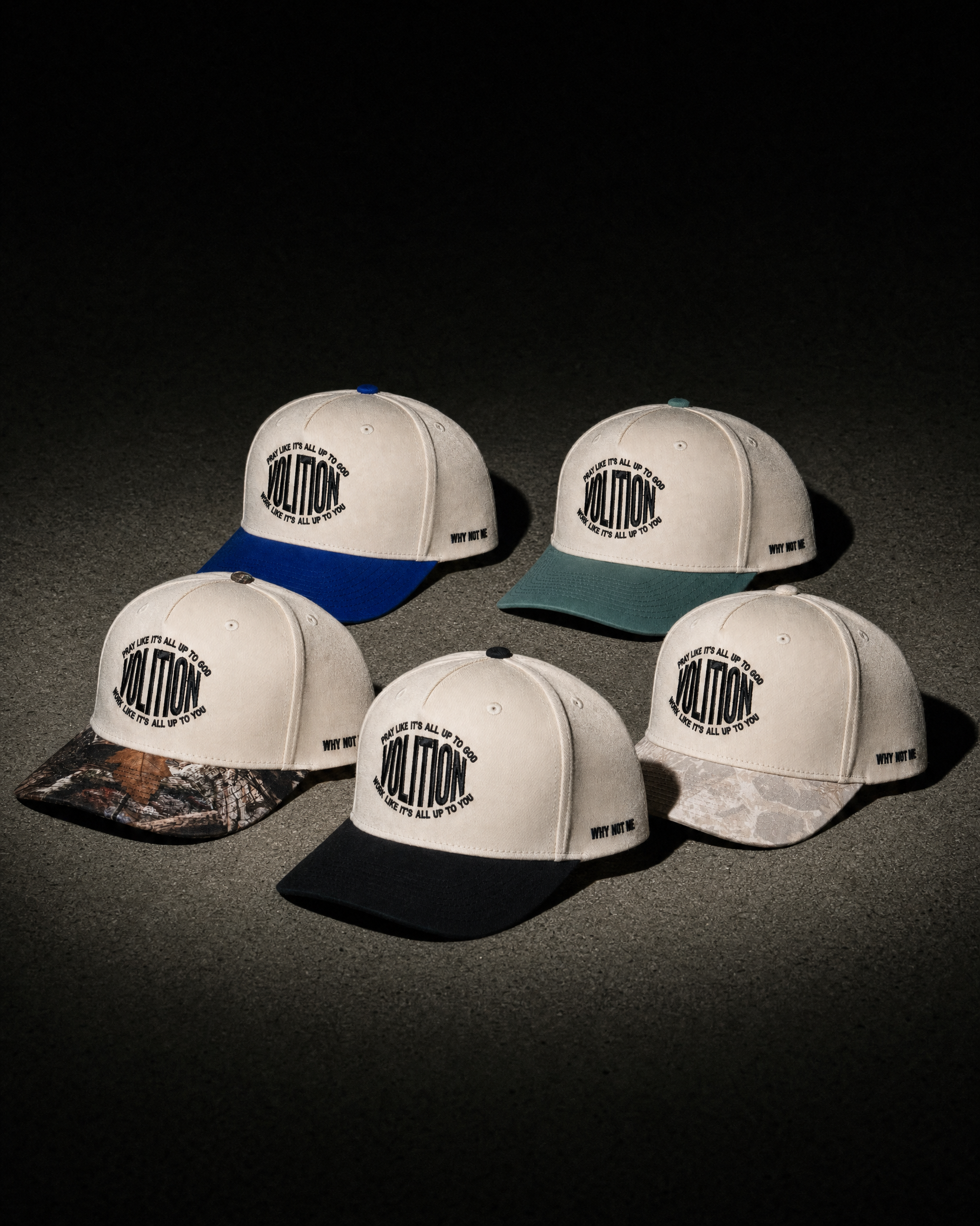 All five Volition trucker hat colorways together