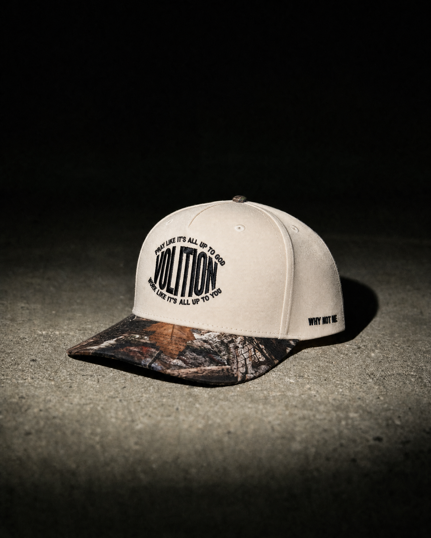 Volition five panel trucker hat, bone crown with woodland camo brim