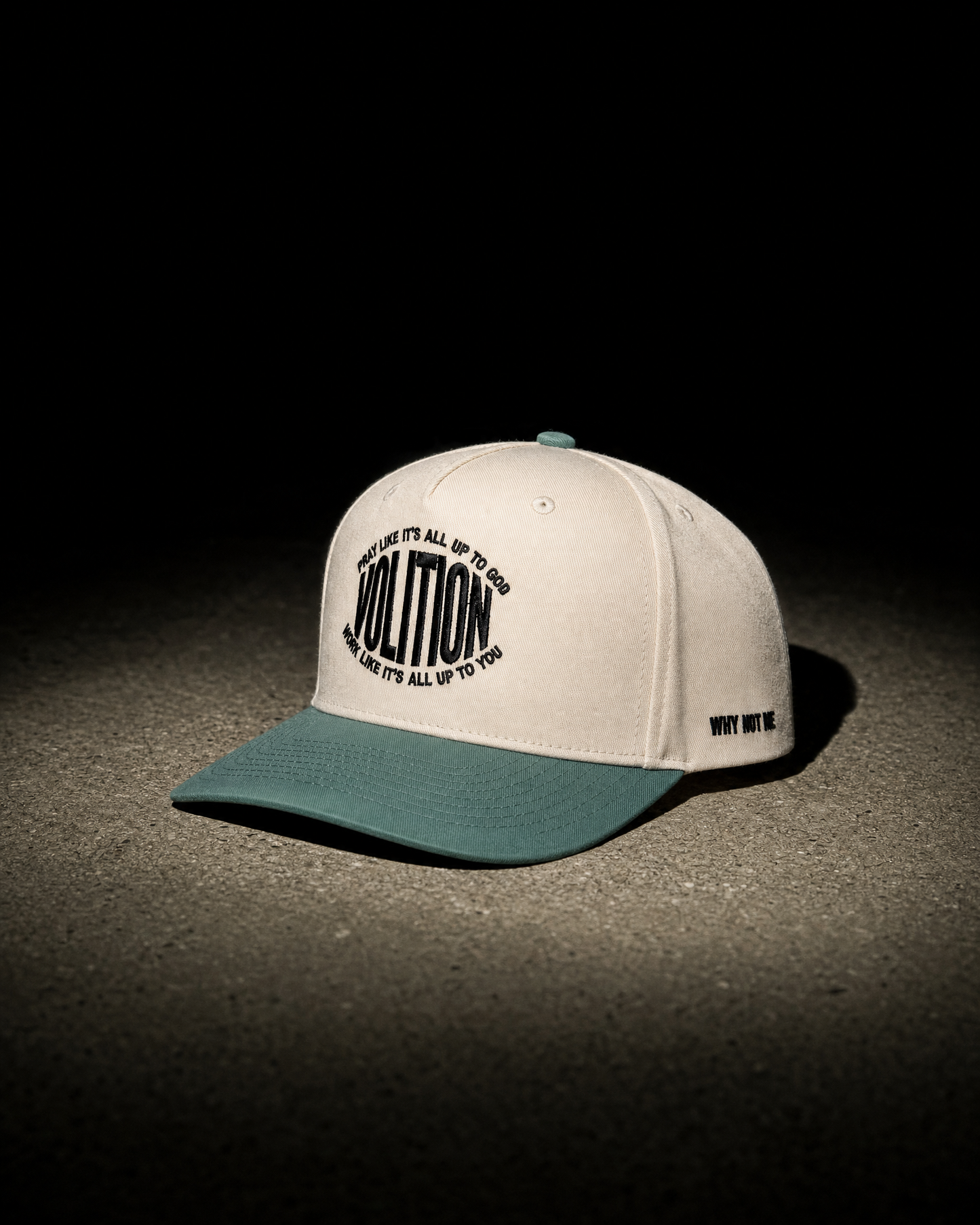 Volition five panel trucker hat, bone crown with green brim