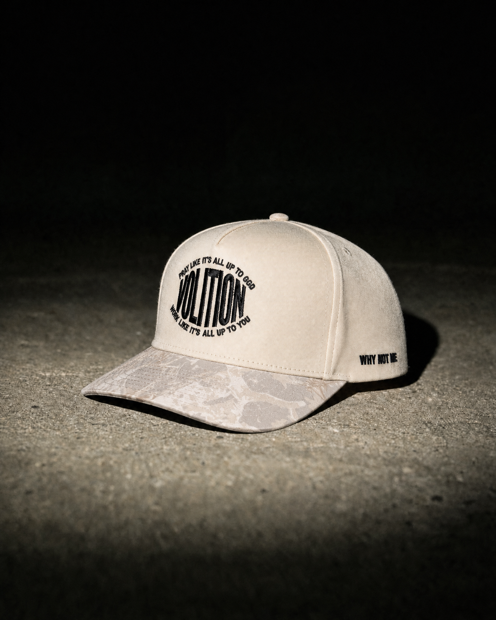 Volition five panel trucker hat, bone crown with tonal camo brim