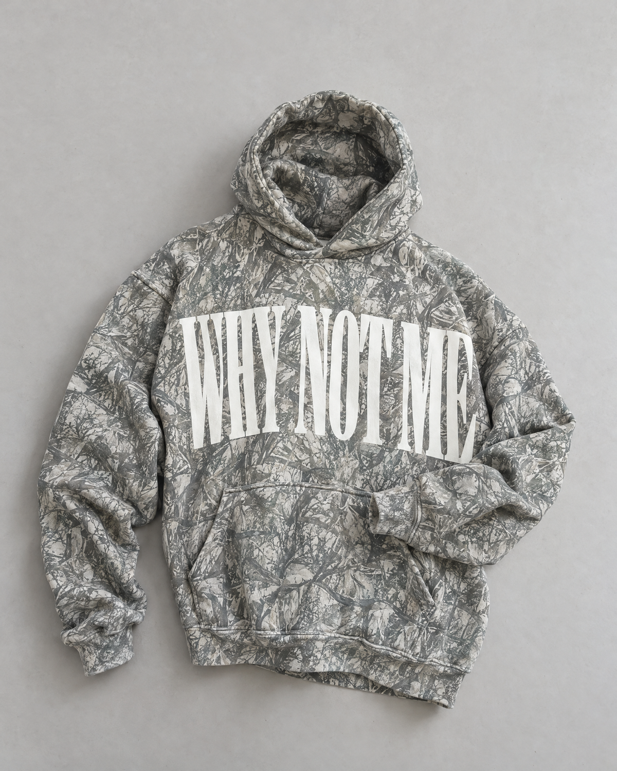 WHY NOT ME camo hoodie, WHY NOT ME across the chest